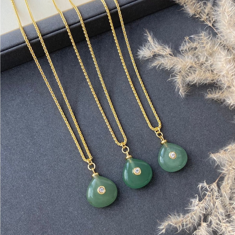 Gold Chain Necklace with Green Teardrop Pendant and Clear Accent